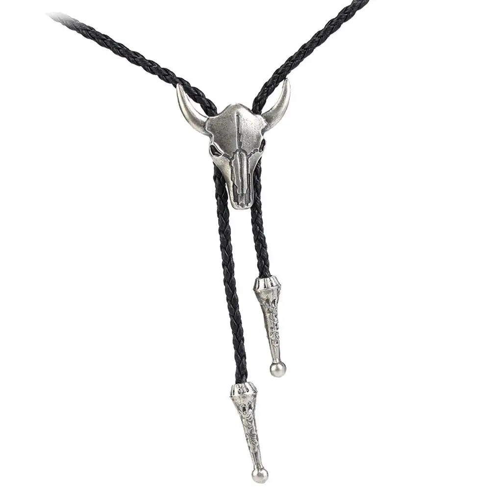 Vintage Alloy Bull Head Bola Necklace PU Leather Pendant Accessory for Shirt Business Suit and Leisure