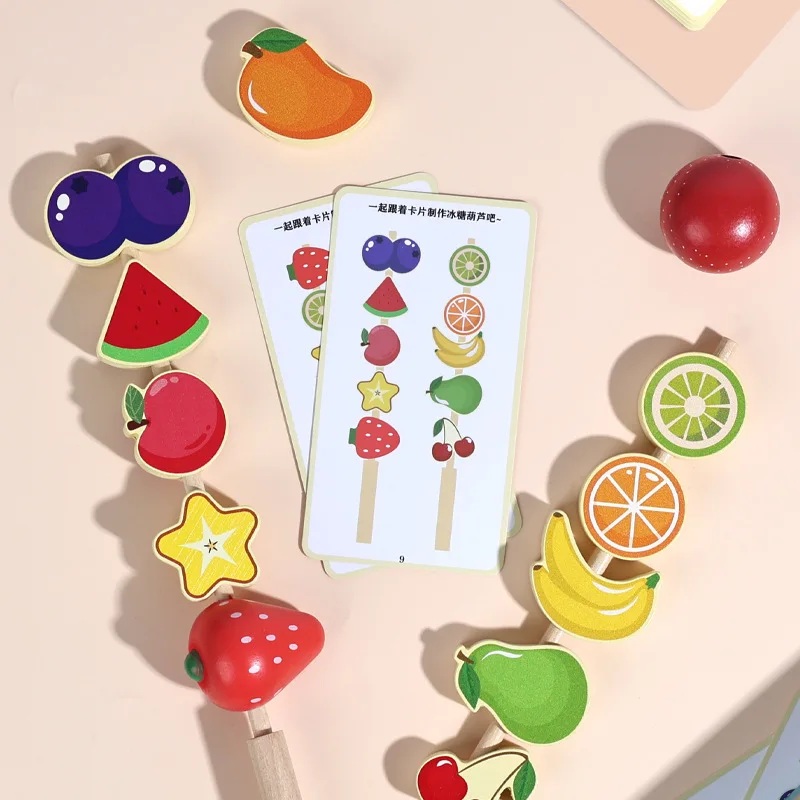 

Wooden Fruit Tanghulu Stringing Toy for Kids, Montessori Pretend Play Food Set, Color Recognition Educational Game for Toddlers