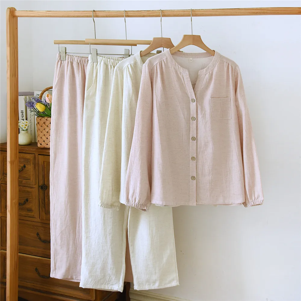 

Autumn Women's Pajamas Suit Long-Sleeved Trousers 2-piece Pajamas Cotton Crepe Homeclothes