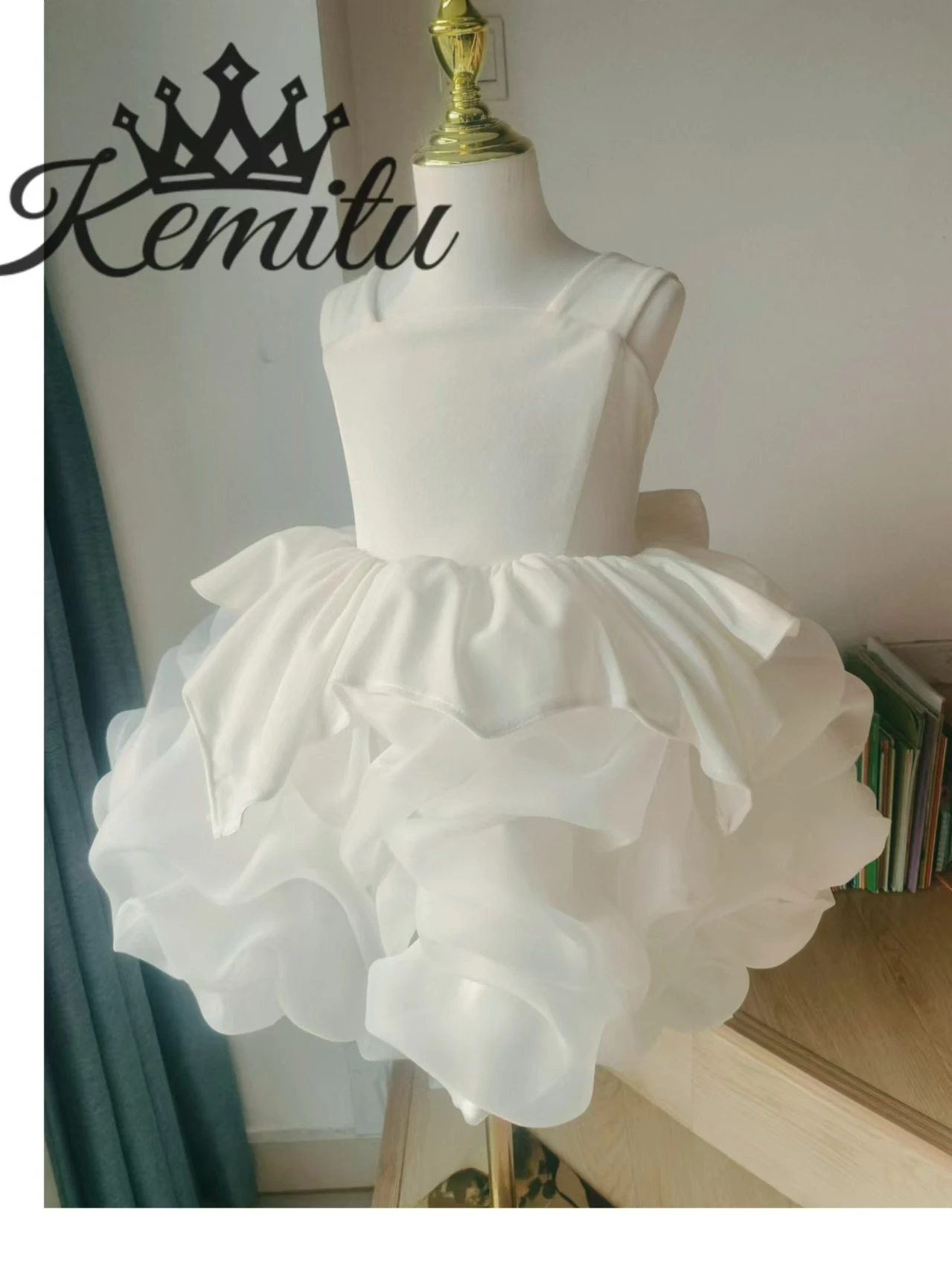 Fluffy Organza Flower Girl Dress  for Wedding Prom Ball Gown Kids Velvet Evening Dress for Girls