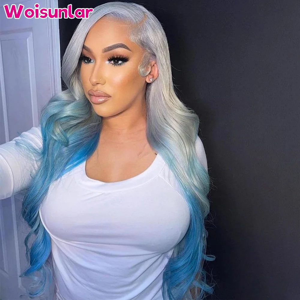 Ombre Gray and light Blue Lace Front human hair wigs 13X4 Transparent Lace Front Body Wave Wigs For Women Human Hair Wigs 100%