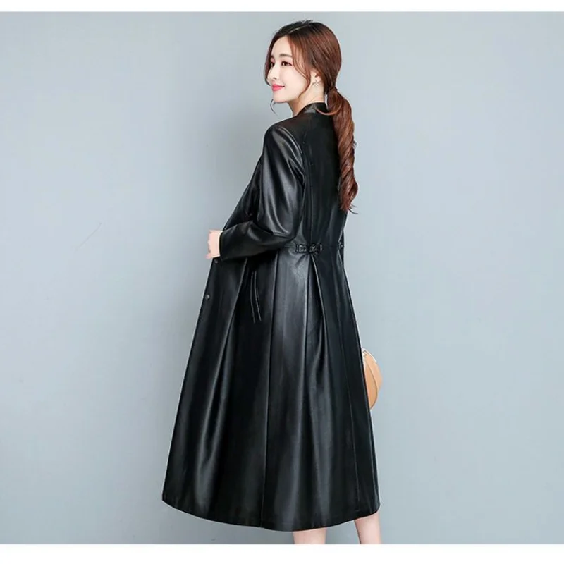 2023 Spring and Autumn New Genuine Leather Clothes Women Mid-Length Slim Stand Collar Trench Coat Fashion Temperament Coat