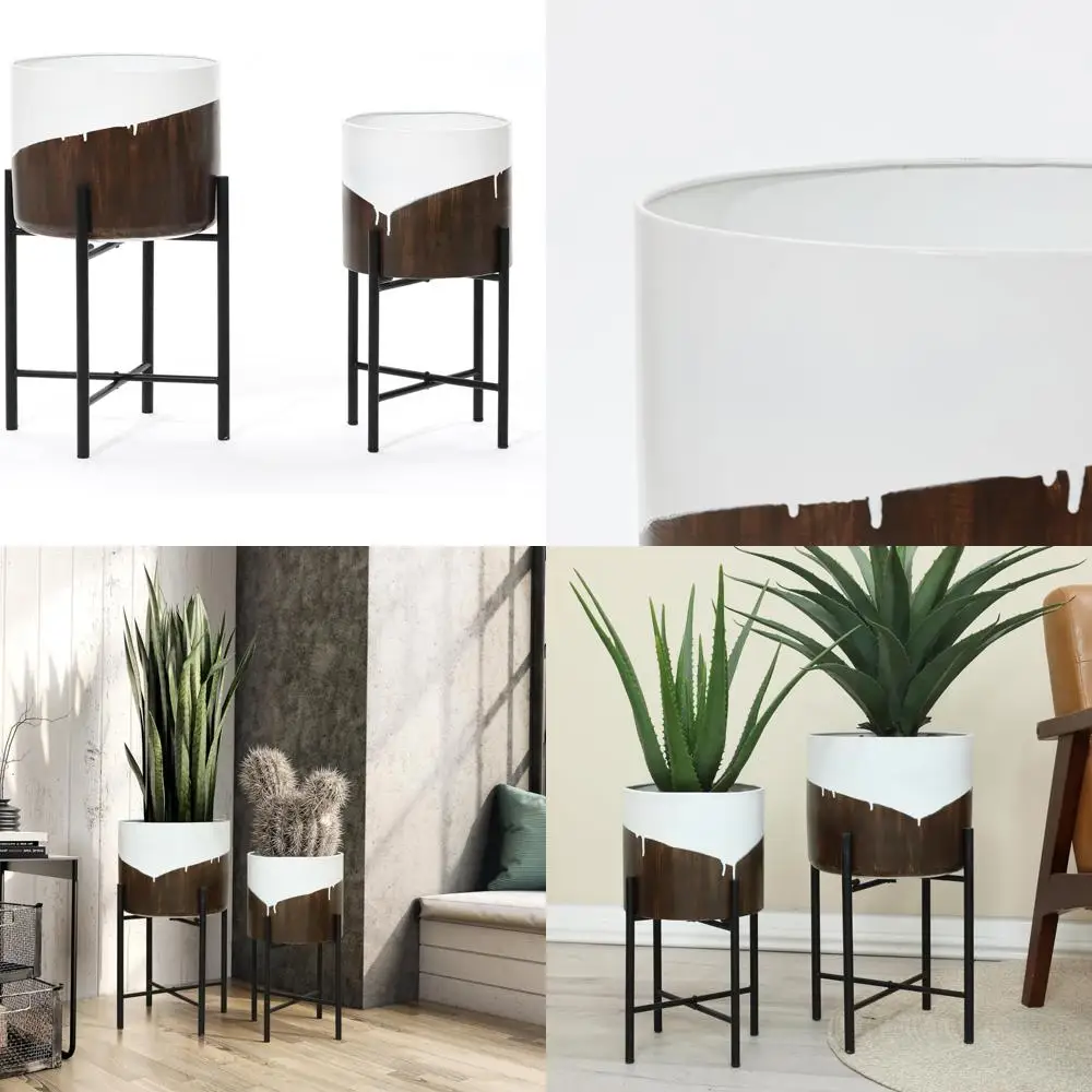 

Indoor Large Planters Set of 2, Modern White and Brown Pots with Metal Stand, Suitable for Flowers and Plants