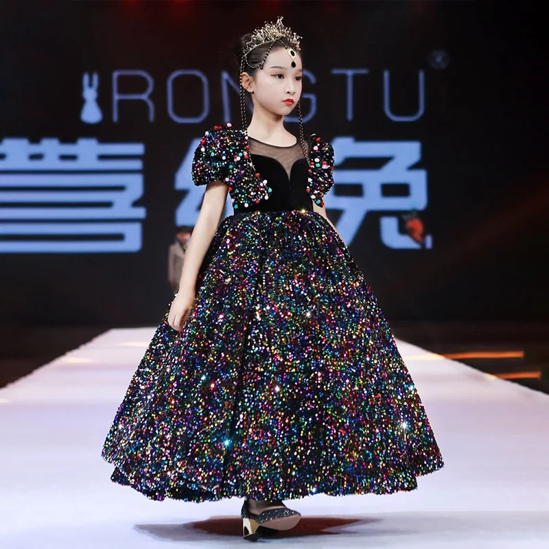 Girl's Dress Black Paillette Elegant Light Luxury Children's Princess Dress Little Girl Catwalk Host Piano Instrumental Performa