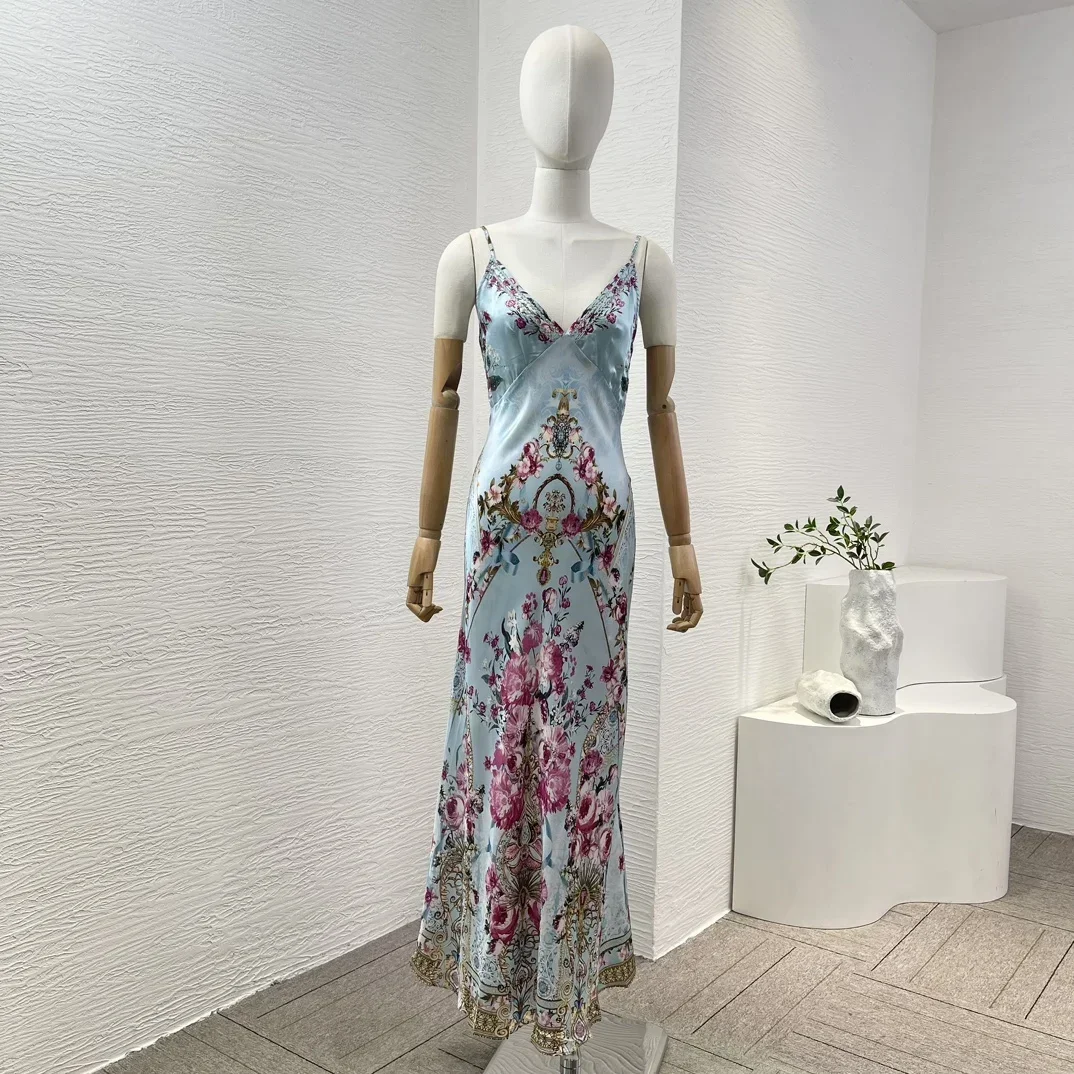 

2024 Summer Newest Sky Blue Floral Print Deep V-neck Sleeveless Sling Backless Slim Midi Dress for Women