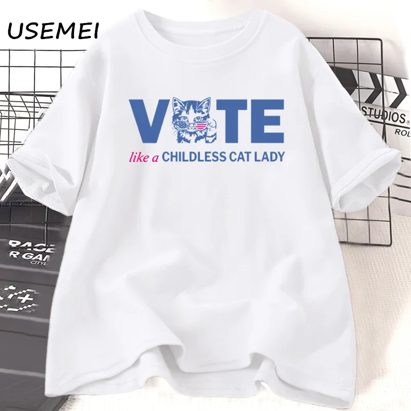 VOTE Like A Childless Cat Lady T Shirt Women Fashion Equal Rights Round Neck Loose Cotton Tee Shirt Oversized Women's Clothes