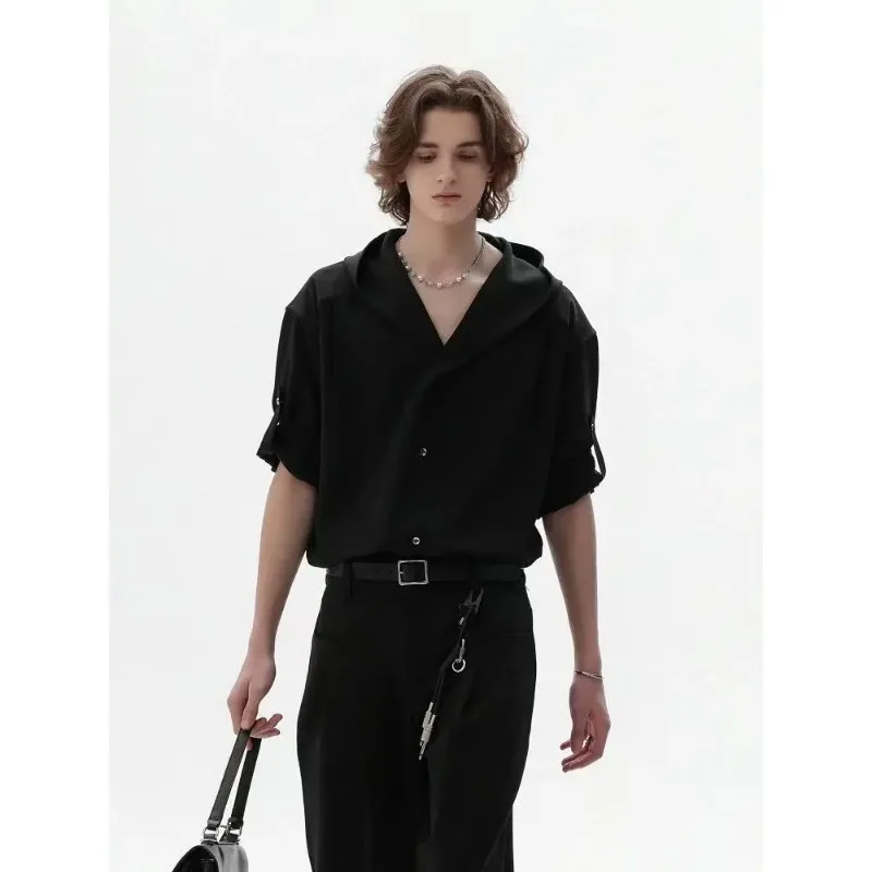 Men Luxury Lazy Style Hooded Short Sleeve Shirt Summer Loose Designer Button Up Casual Top
