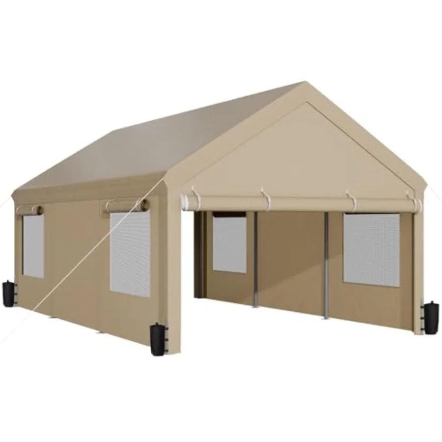 12x20 ft Carport, Heavy Duty Carport with Roll-up Windows, Khaki