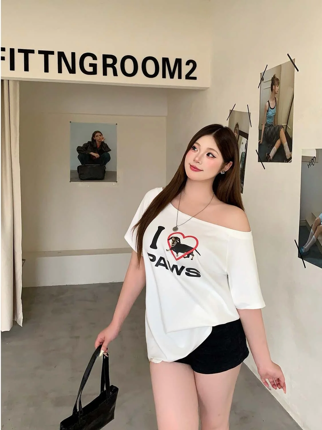 soul Retro Sausage Dog 플러스 사이즈 아메리칸 반팔 티셔츠 루즈 원 숄더 여름 여성 캐주얼 스타일 프린트 탑