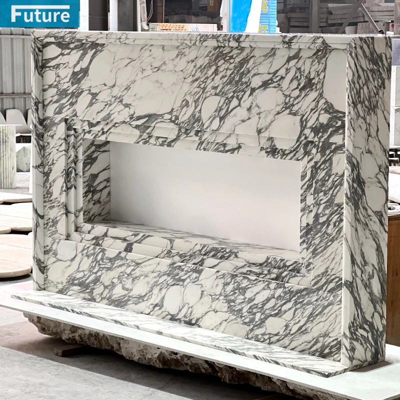 Luxury Style Natural Stone Arabescato White Marble Fireplace Surround with Hand Craving for Villa Mansions Indoor Decoration