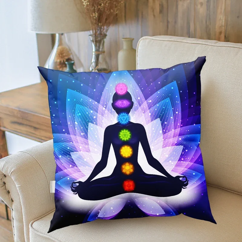 Indian Buddha Statue Meditation 7 Chakra Pillowcase Home Decorative Square Cushion Covers Vintage Religious Yoga Pillow Cover