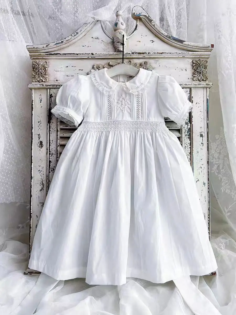 Handmade Vintage Beige Smocking Girl Cute Short-sleeved Dress Baby Grils Birthday Party Eid Clothes Princess Dress Up