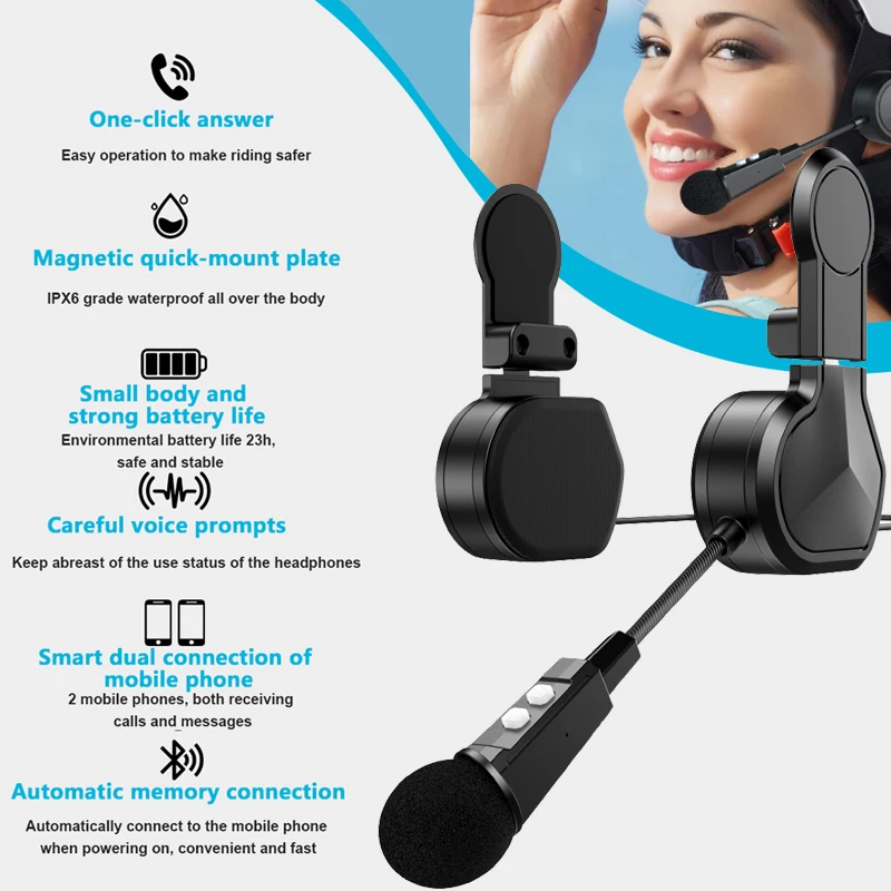 

BT9 Мотоциклетный Bluetooth-гарнитура для шлема 800 мАч Комплект громкой связи Водонепроницаемый голосовой контроль Музыкальный плеер Мото наушники