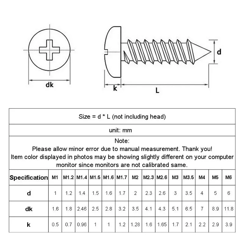 M1 M1.2 M1.4 M1.7 M2 M2.3 M2.6 M3 M3.5 M4 M5 M6 Stainless Steel 304 Cross Phillips Pan Round Head Self Tapping Screw Wood Screws