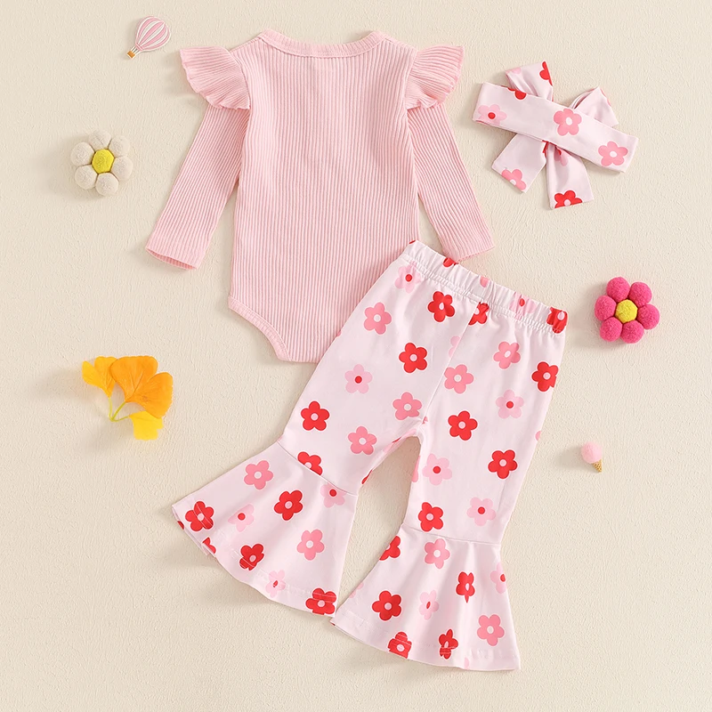 2024-07-08 Lioraitiin Baby Girl Fall Outfits Solid Color Ribbed Knit Long Sleeve Romper Flower Flared Pants Headband 3Pcs Set