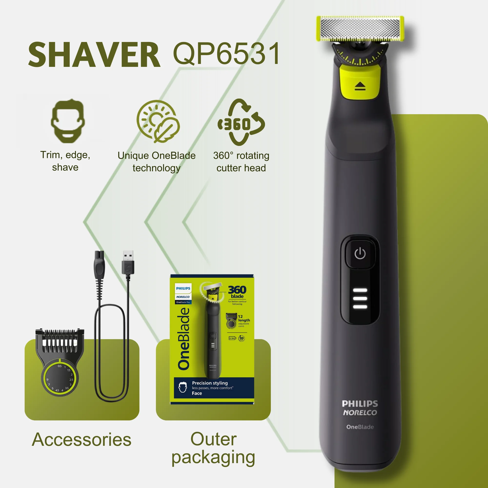 

Гибридная электробритва и триммер Philips Norelco OneBlade 360 Pro, с расческой 12 в 1, QP6531