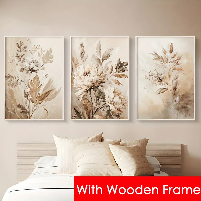 Framed Abstract Beige Floral Leaf Art Print Posters and Canvas Painting Nordic Minimalist Bohemian Living Room Wall Home Decor