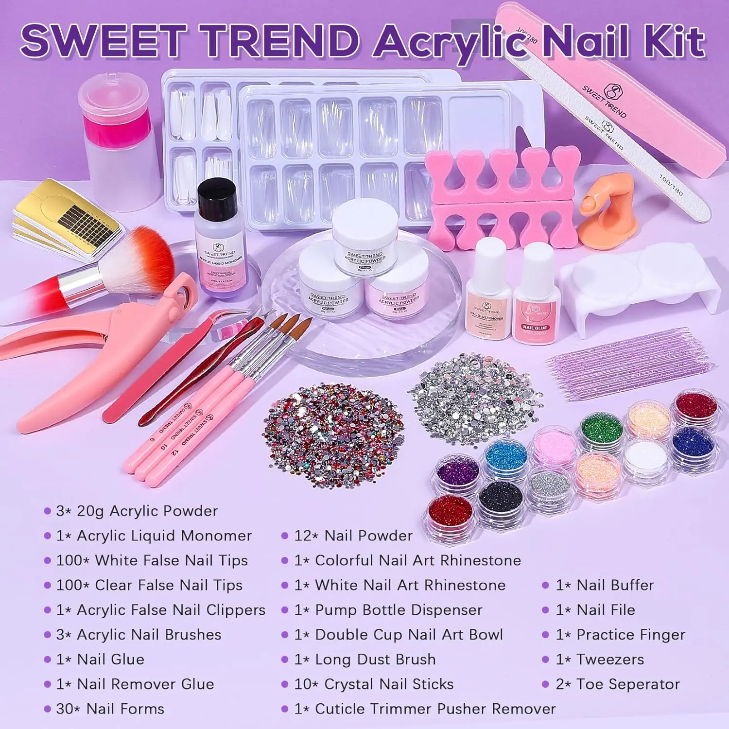 Complete Acrylic Nail Kit for Beginners with Powder, Tips, Glitter & Tools - DIY Home Salon Set