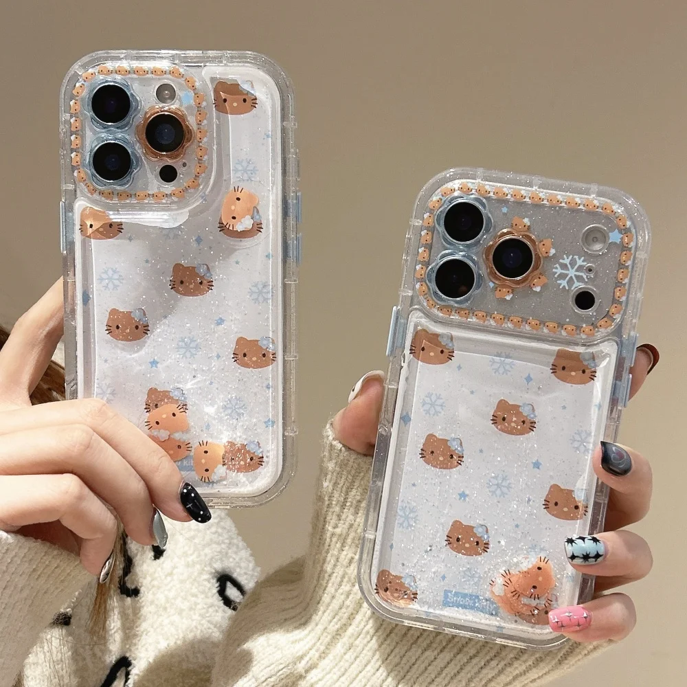Flower Flowing Sand Black Skin KT Case For iPhone 16 15 Pro Max 14 Pro Max 13 Pro 17 Pro Max Cartoon Snowman Bling Flower Cover