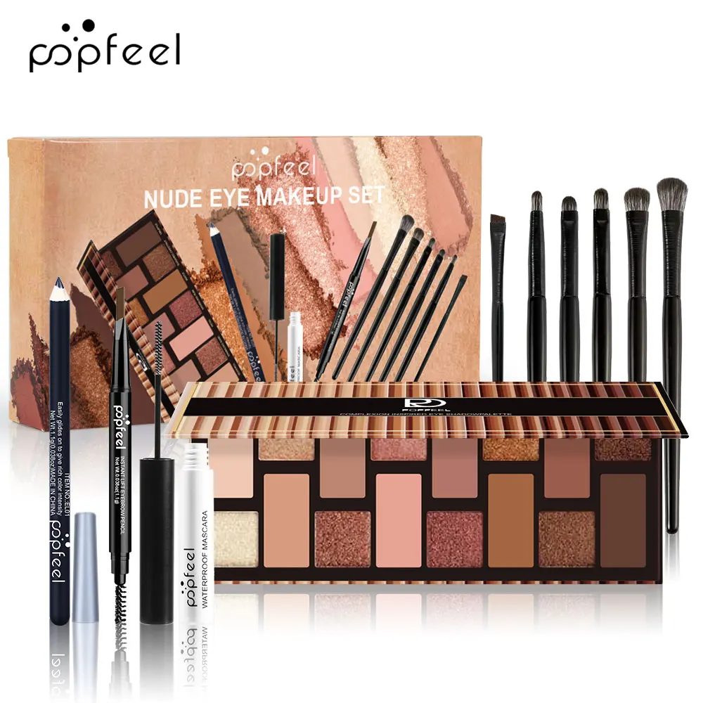 POPFEEL Ensemble de maquillage fard à paupières nu et couleur 16 couleurs - Combinaison complète de maquillage pour les yeux avec eye-liner, mascara, crayon à sourcils, pinceaux.