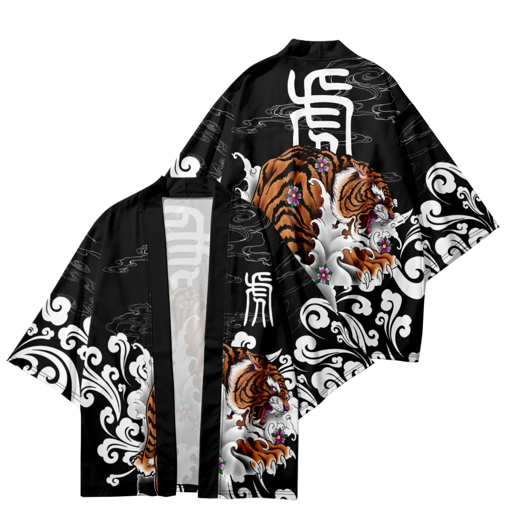 New Design Tiger Flower Print Black Traditional Cardigan Tops Japanese Kimono Women Yukata Streetwear Haori