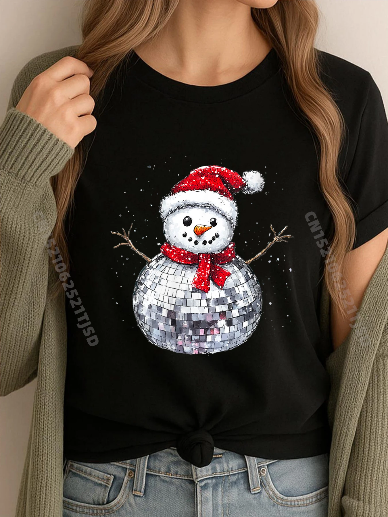 

Женская снеговик, рождественская шляпа Санта-Клауса, диско-шар, одинаковые семейные черные рубашки, футболки с рисунком, забавные подарки на Хэллоуин