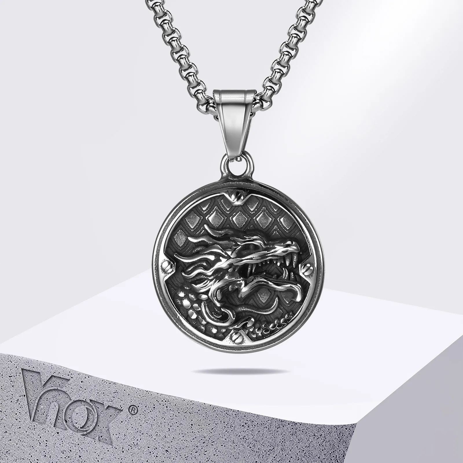 Vnox Punk Rock Stainless Steel Dragon Head Pendant Necklaces for Men Teens, Bold Coin Pendant, Chinese Faith Jewelry