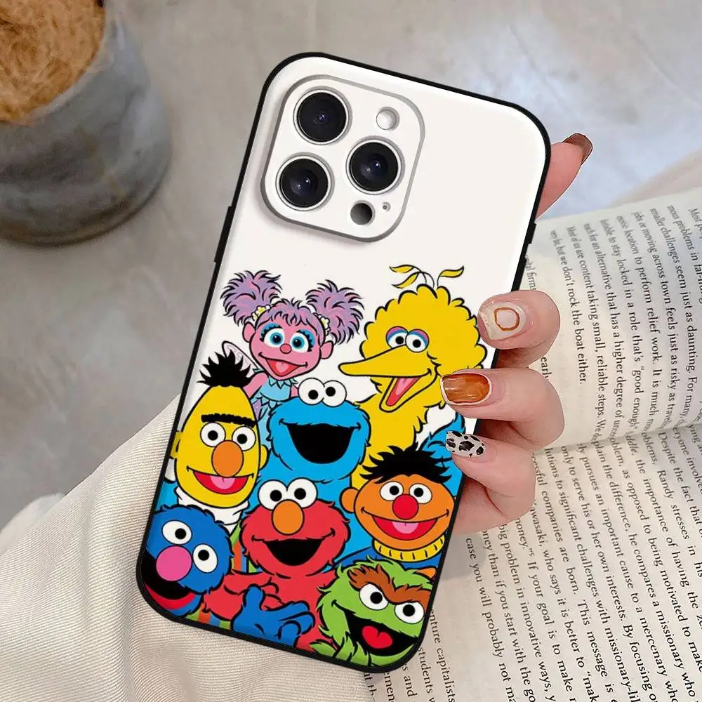 Capa de telefone dos desenhos animados S-Sesames-u-Streets para iPhone 17,16,15,14,13,12,11 Plus,Pro,Max,XR,XS,X,7,8 Plus, Mini Silicone Preto Macio