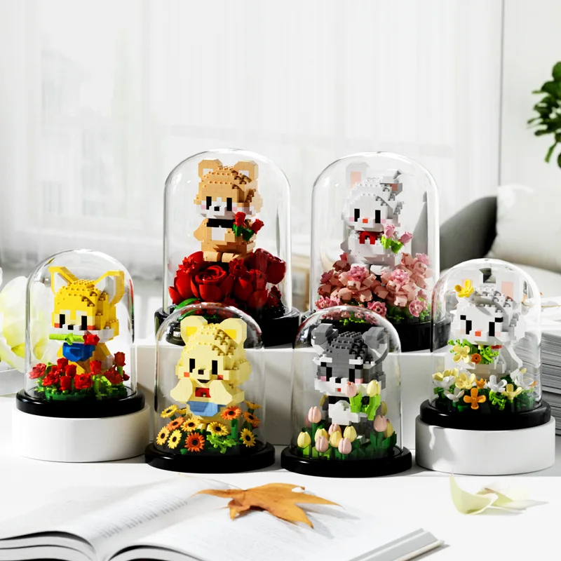 Pet Rabbit Bear Dog Flowers Garden Mini Building Blocks with Dust Cover DIY Creative Animal Series Home Decoration Blocks Bricks