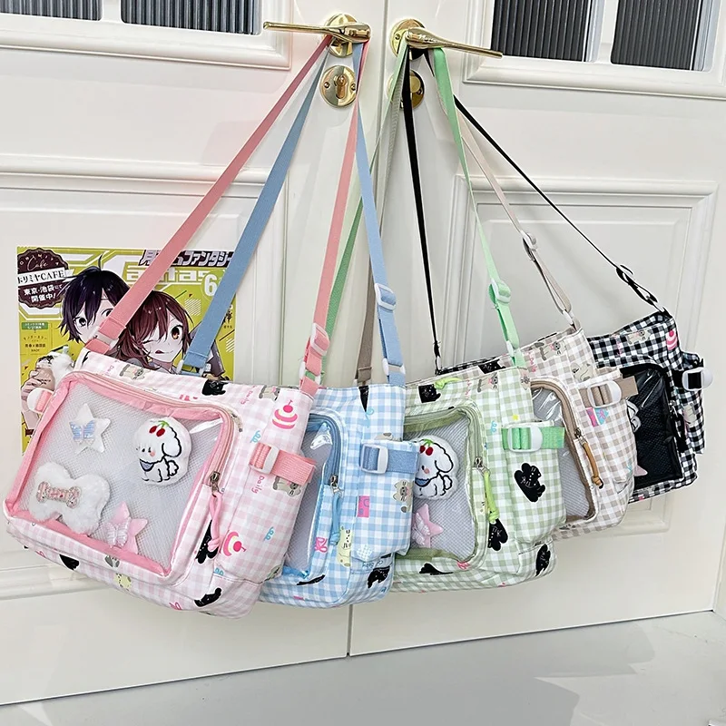 Richme Kawaii Women Ita Bags 2025 Sweet Girl Cartoon Plaid Crossbody Shoulder Bag Dopamine DIY Badge Student Commute Bolso Mujer