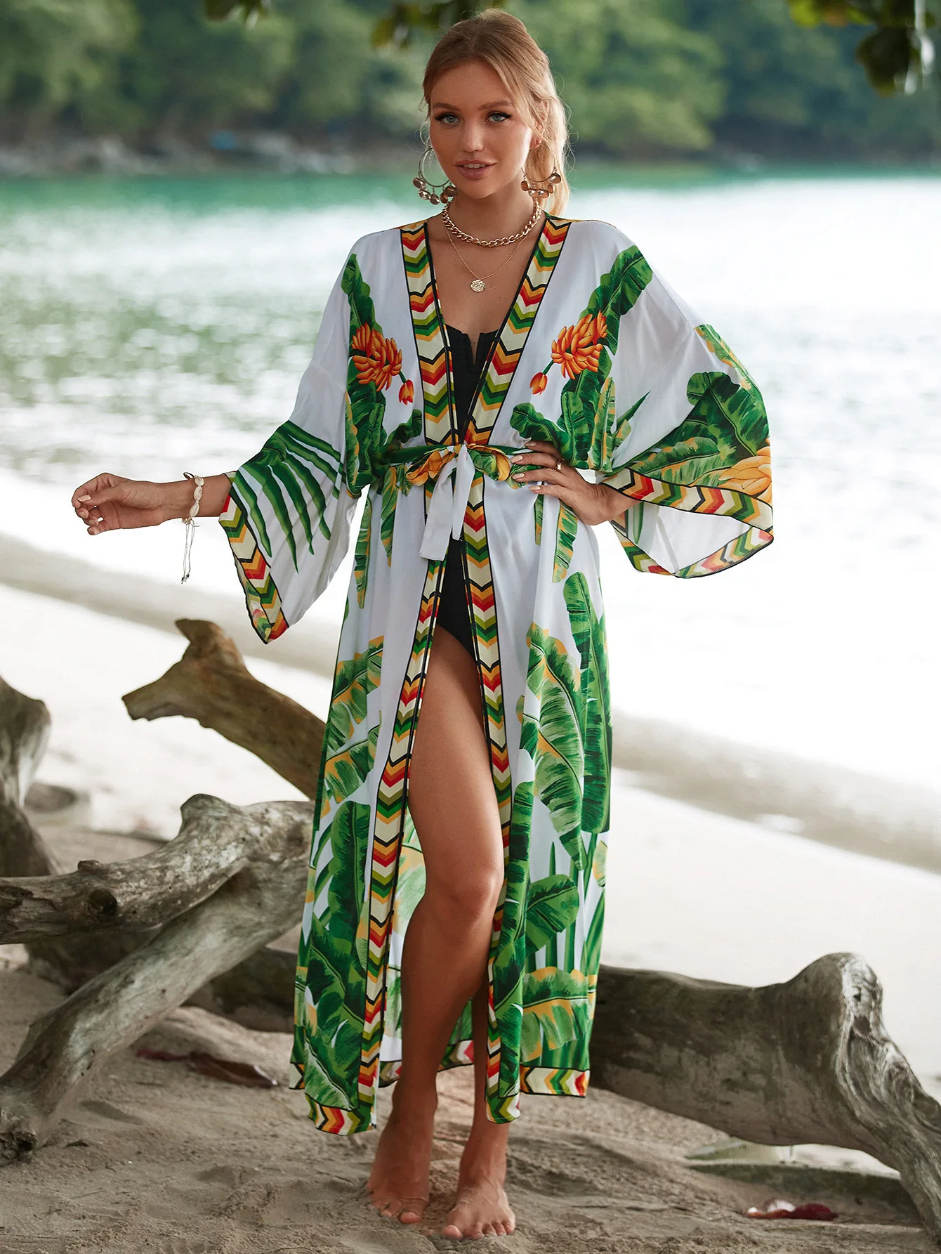New Cotton Printed Beach Jacket Sexy Sunscreen Cardigan Vacation Bikini Overcoat Women Beach Cover Up Bikini Dress  Sarong