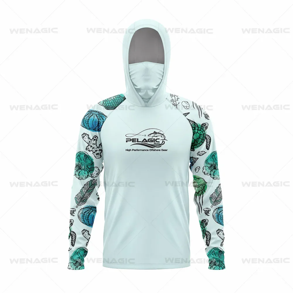 Pelagic Gear-Long Sleeve Hooded Face Cover, Fishing Shirts, UV Protection, Fishing Face Mask Clothes, New Tops, Upf 50