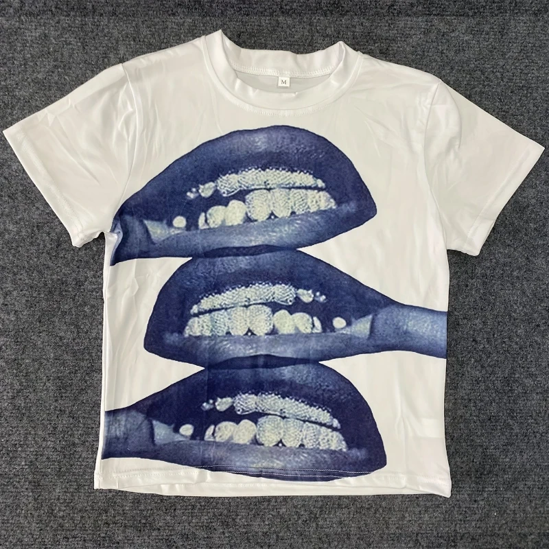 American Y2K Style Women's Pattern Lip Print Men's Top T-shirt Summer New Retro Fashion Men's and Women's Streetwear