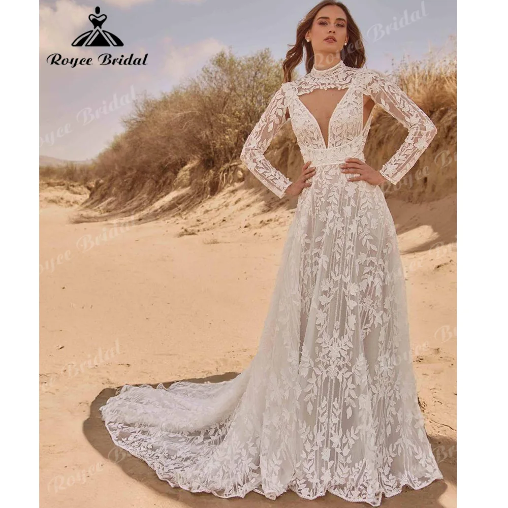 Convertible Long Sleeve Wedding Dress Deep V All Over 3D Lace Tulle Low V Open Back Boho Bridal Gown Customized