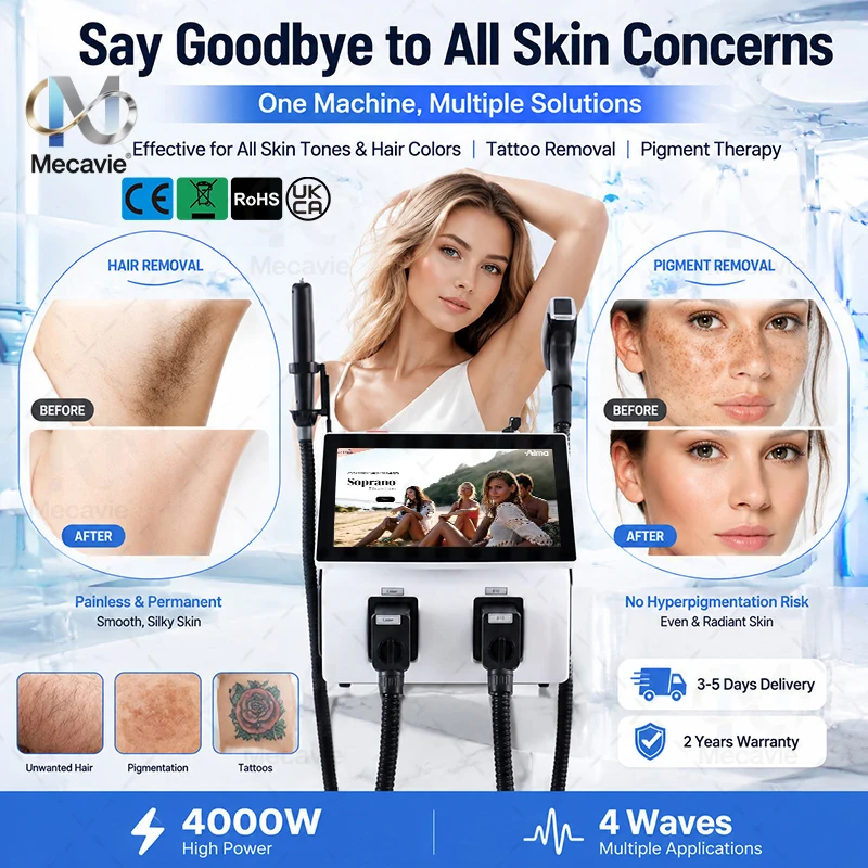 2in1 Diode & Picosecond Laser 4000W 4 Wavelengths(755/808/940/1064nm)Ice Point Painless Permanent Hair Removal&Tattoo Removal