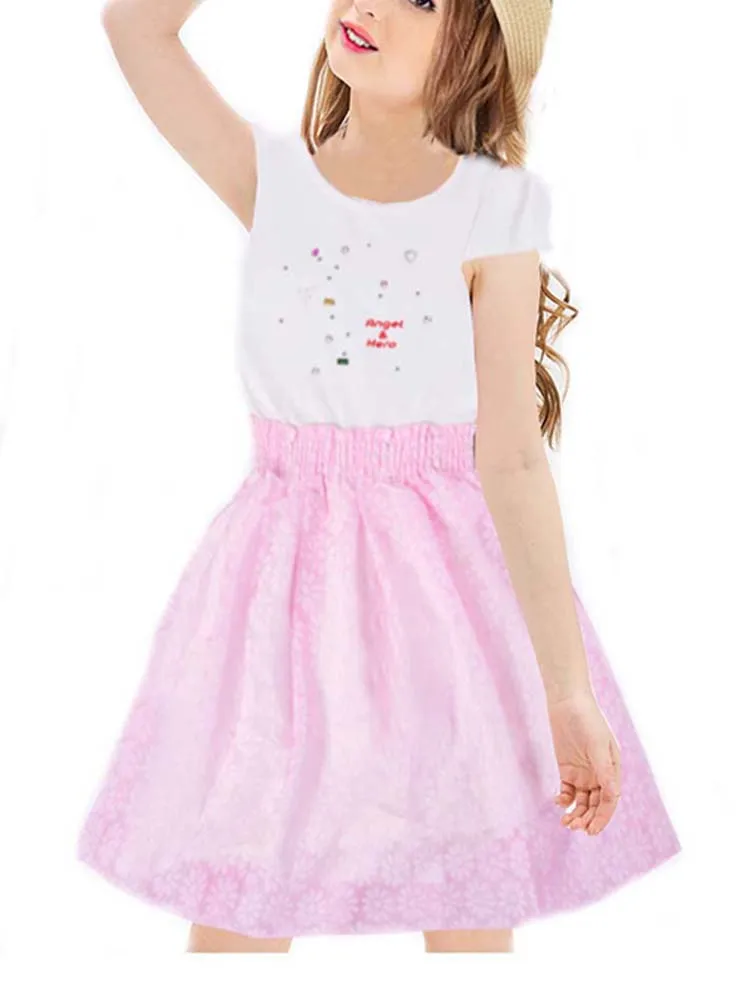 Summer Short-Sleeve Lace Dress For Girls With Diamond Splicing A-Line Skirt Casual Princess Party Daily Wear Dress For Kids