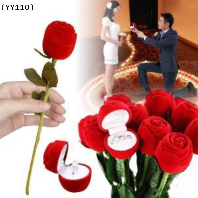 

Red Rose Flocked Jewelry Box Creative Proposal Ring Storage Box Romantic Engagement Ring Case Box For Valentine's Day〔YY110〕