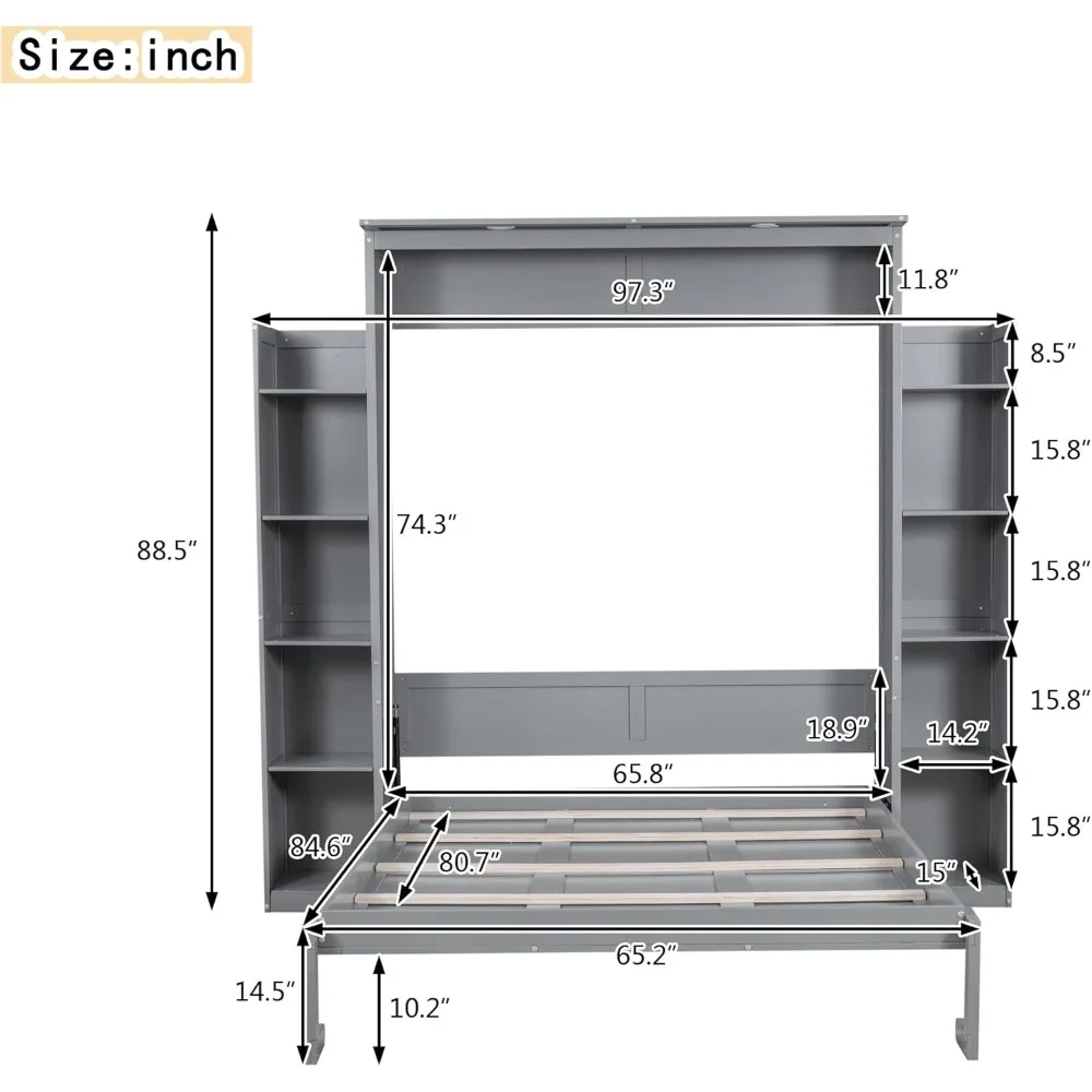 Queen Size Murphy Bed, Queen Wall Bed Frame with Shelves and LED Lights, Rectangular，Laminated MDF，Gray