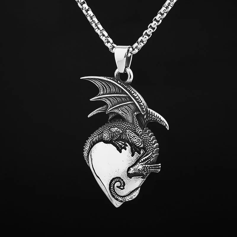 2024 New 316L Stainless Steel Dragon With Heart Necklace Men and Women Animal  Pendant Sweater Chain Punk Jewelry