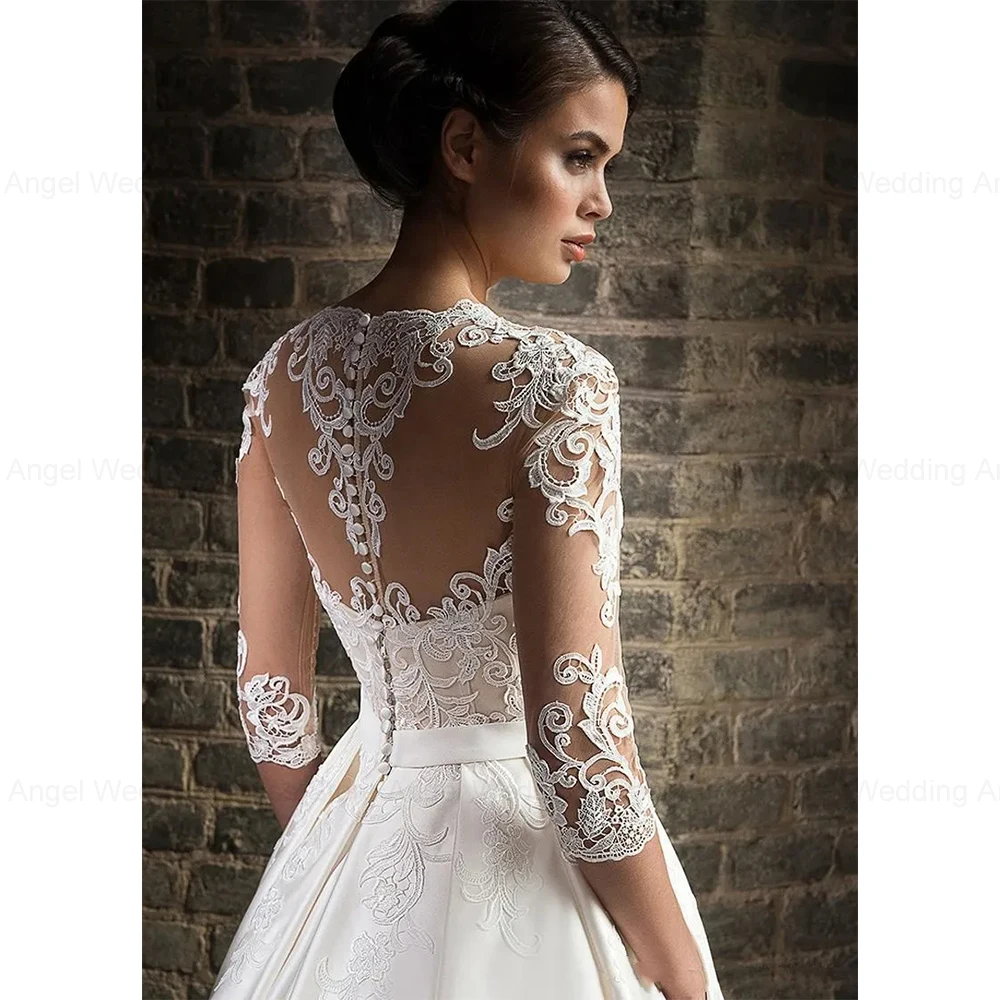 ANGEL Elegant Lace Wedding Dresses vestido de novia Half Sleeve V-Neck Bride Dress Sweep Train Pockets Customized Robe De Mariee