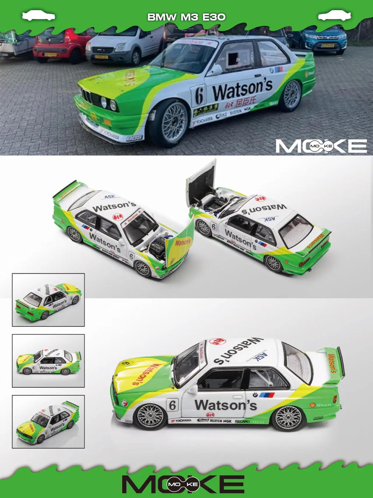 MOKE 1:64 BMW E30 M3 DTM SPA Champion/7-Eleven/91 Macau Carro de liga de motor aberto