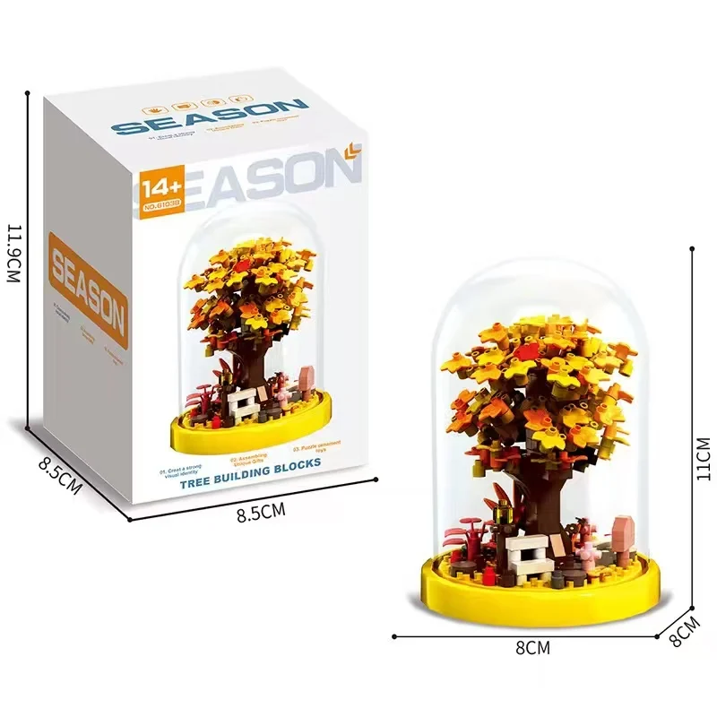 Casa del árbol de las cuatro estaciones, vista a la calle, bloques de construcción en miniatura, modelo de ladrillo de construcción, regalos de la serie de decoración del hogar, kawaii
