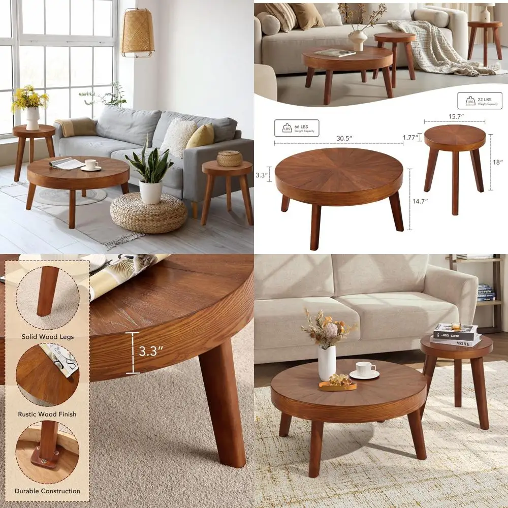 مجموعة من 3 طاولات قهوة مستديرة على طراز المزرعة مع طاولات متداخلة جانبية للأريكة البوهيمية ولمسة نهائية من الخشب الطبيعي لغرفة المعيشة و