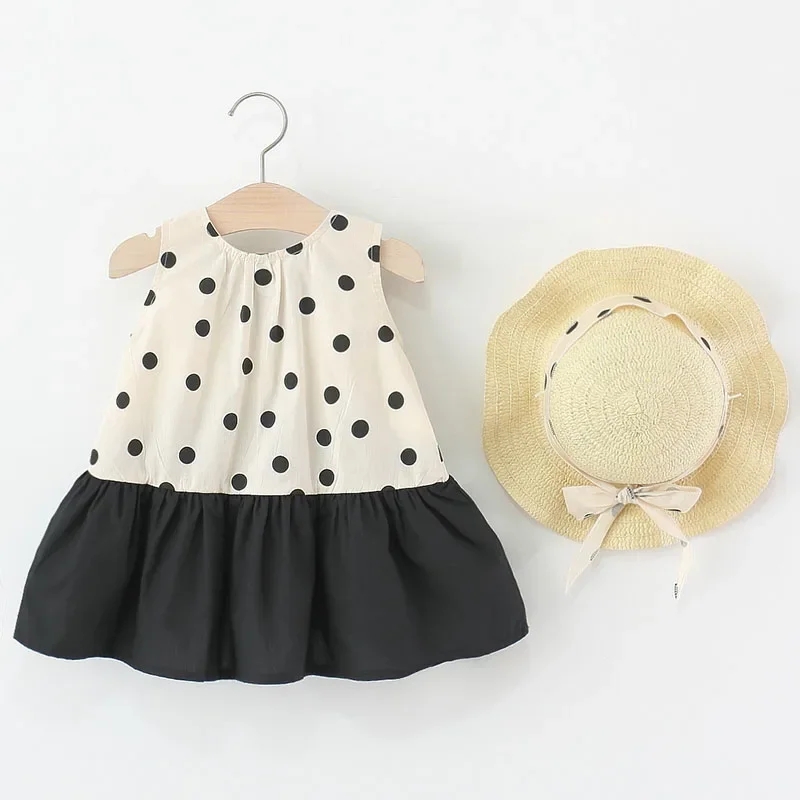 

Summer Princess Dress Girls Korean Cute Dot Sleeveless Cotton Beach Luxury Dresses+Sunhat Boutique Kids Clothing Baby Sets B031