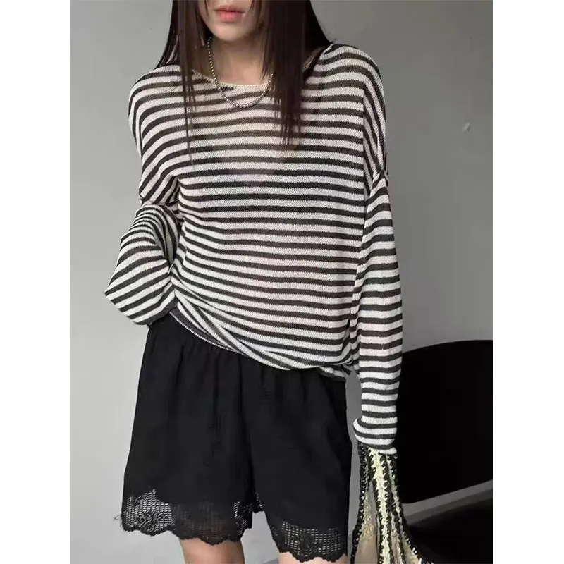 

Casual Loose Long Sve round Ne Striped Knitwear Women's Comfortable Breathable Faionable Autumn Top Selfwill Brand
