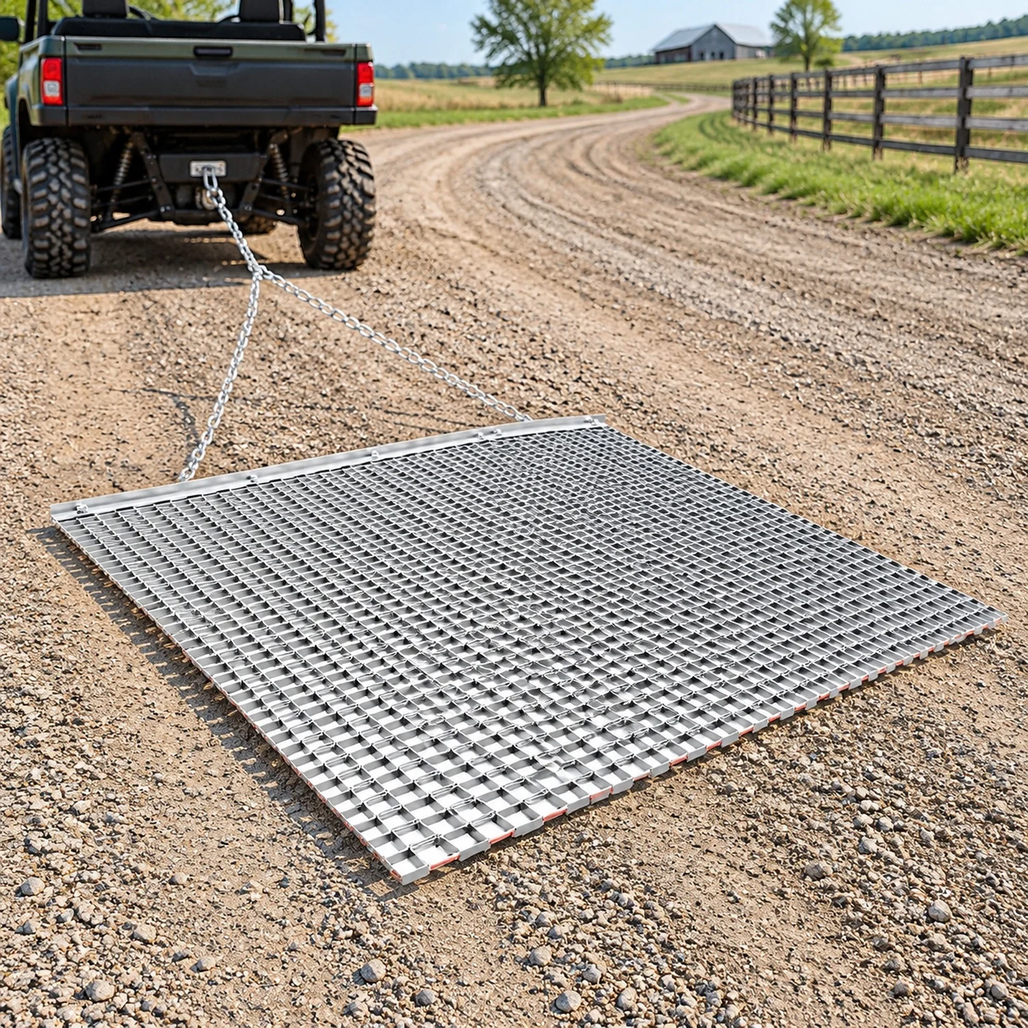 Drag Harrow, 4 x 4 ft, High-Efficiency Chain Rake, ATVs UTVs Tractors Attachments, Durable Galvanized Steel Mesh Mat with