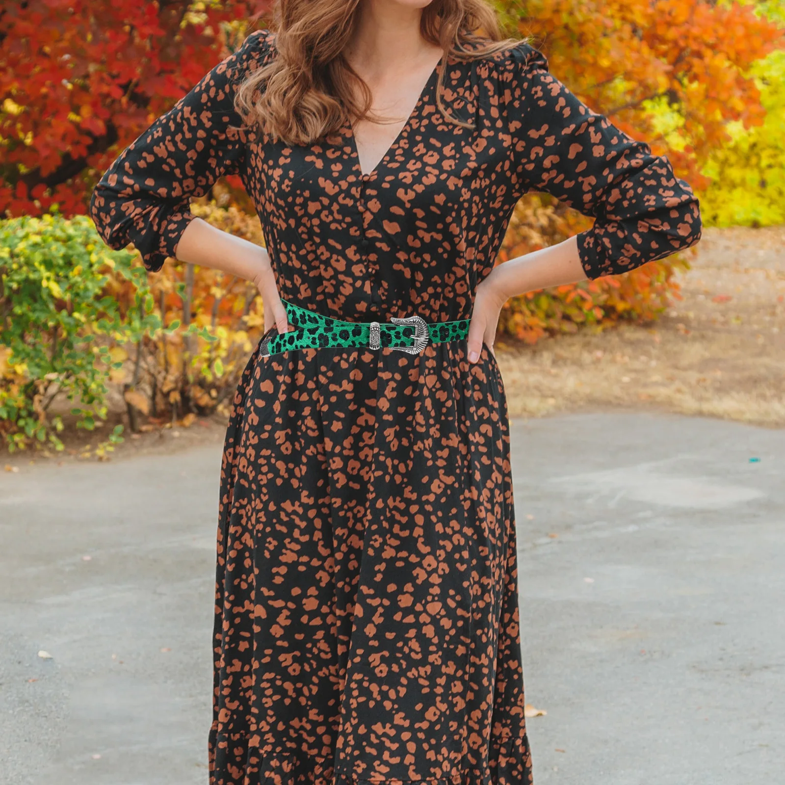 

Womens Vintage Leopard Print Western Wide Belt Green for Casual Dress Stylish Buckle Buckle Belt Leopard Wide Belts