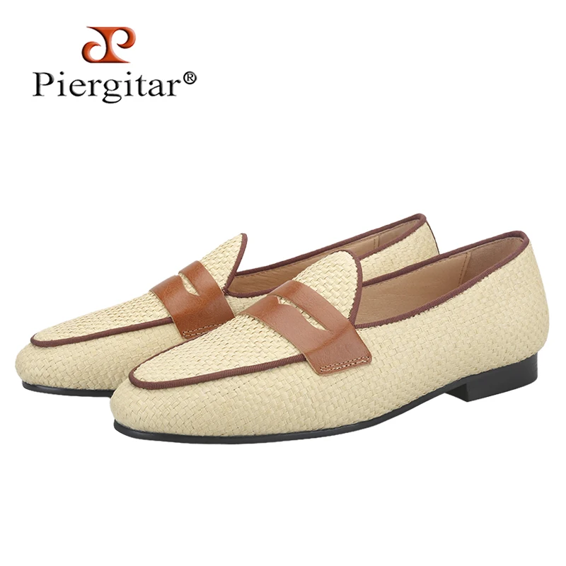 Piergitar Primary Woven Rafia Slip-On Penny Loafers For Fashion Party And Show Wear Handmade Men's Smoking Slippers Plus Size