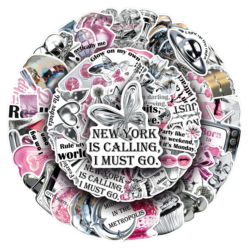 10/30/50 Stück Y2K Mädchen Silber Rosa Ästhetische Aufkleber Niedliche Ins-Style Cartoon-Sticker für Koffer, Handy, Notizbuch, Fahrrad, Graffiti-Aufkleber
