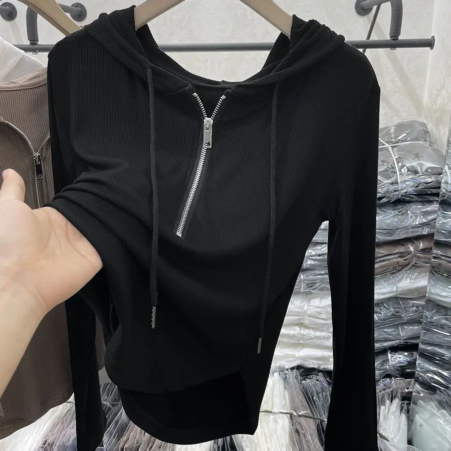 Retro  Color Trendy INS Style Versatile Half Zipper Hooded Long Sleeve Top Ribbed Casual Spring Autumn Women's T-shirt